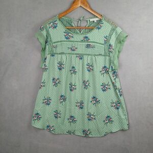 Daniel Rainn Blouse‎ Top Womens XL Green Floral Print Becru Lace Detail Back Tie
